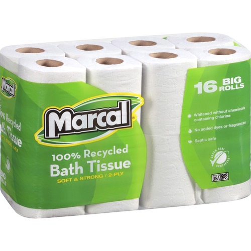 Marcal Bathroom Tissue, 2-Ply, 168 Sheets/Roll, 4.2 in x 3.6 in, 100% Recycled, Green Seal Certified, White, 16/PK