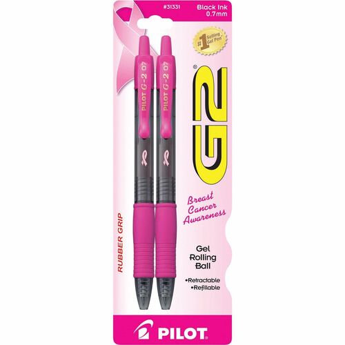 Pilot G2 Gel Pen, Retractable, 0.7 mm Fine, Black Ink, Contoured Latex-Free Rubber Grip, Black/Pink Barrel, Refillable, 2/PK