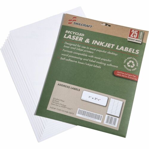 SKILCRAFT 7530-01-578-9292 Address Label - 1" x 2 5/8" Length - Rectangle - Laser, Inkjet - White - 30 / Sheet - 750 / Pack - Chlorine-free, Lignin-free, Self-adhesive
