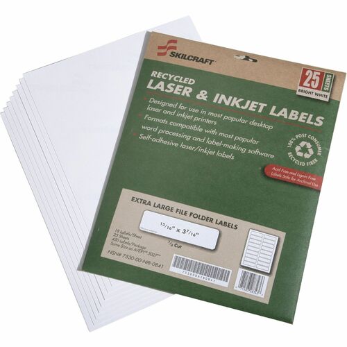 SKILCRAFT 7530-01-578-9297 Extra Large File Folder Label - 15/16" x 3 7/16" Length - Rectangle - Laser, Inkjet - White - 18 / Sheet - 450 / Pack - Chlorine-free, Lignin-free, Self-adhesive