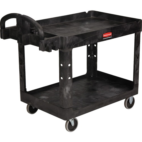 Rubbermaid Commercial, Medium Utility Cart, 2-Shelf Lipped, 500 lb Capacity, 4 Nonmarking 5" Casters, Black Resin