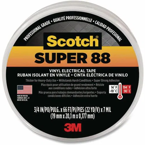 Scotch Super 88 Insulating Tape - 22 yd Length x 0.75" Width - Black - Vinyl - Polyvinyl Chloride (PVC) Backing - Rubber Adhesive - For Insulating Wire, Rubber, Synthetic Material - 1 Roll