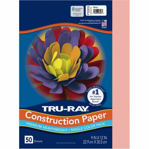 Tru-Ray Construction Paper, 12" x 9", Salmon, Sulphite, Heavyweight, Acid-Free, 50 Percent Recycled, 50/PK