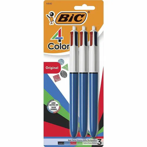 BIC Ballpoint Pen, 4-Color, 1 mm Medium Tip, Retractable, Refillable, Black/Blue/Red/Green Ink, Opaque Blue Barrel, 3/PK