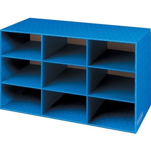 Bankers Box Literature Rack, Desktop, 9-Compartment Cubby, 28.25" W x 13" D x 16" H, Blue Corrugated Paper, 4/CT