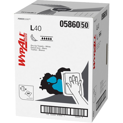 Wypall Cleaning Towel, L40, 19.5" x 42", 200 Sheets/Roll, Hydroknit, White/Blue, Extra Absorbent