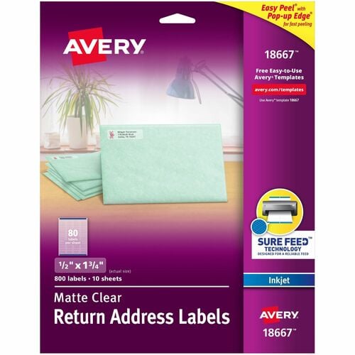 Avery Easy Peel Address Labels, Inkjet, 1/2 in x 1 3/4 in, Matte Clear Film, Permanent Adhesive, 800 Labels (80 Sheets), 10/PK