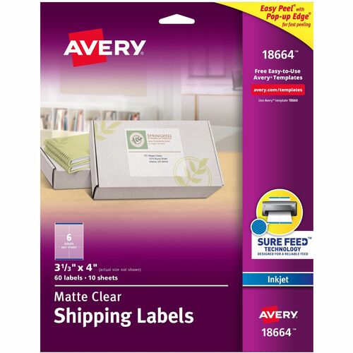 Avery Shipping Labels, Easy Peel, Matte Clear Film, 3-1/3" x 4", Permanent Adhesive, Inkjet Compatible, 60 Labels, 10/PK