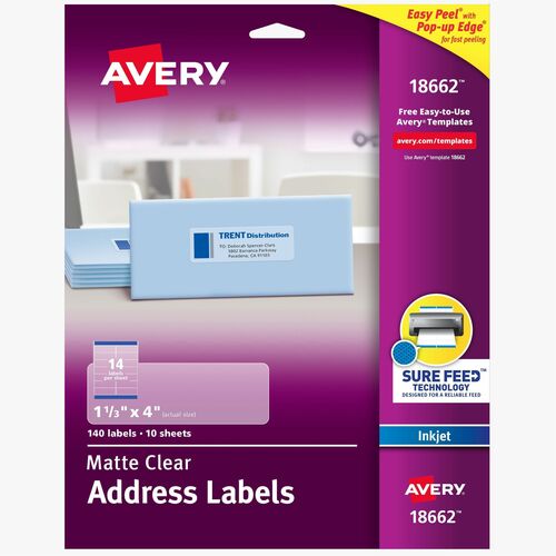 Avery Easy Peel Address Labels, 1 21/64" x 4", 140 Labels, 14/Sheet, Permanent Adhesive, Matte Clear Film, Inkjet Compatible, Pop-Up Edge, 10/PK