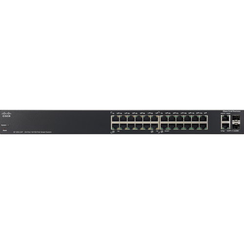 Cisco SF200-24P 24-Port 10/100 PoE Smart Switch - 26 Ports - Manageable - 10/100/1000Base-T, 10/100Base-TX, 1000Base-X - 2 Layer Supported - 2 SFP Slots - Desktop - Lifetime Limited Warranty
