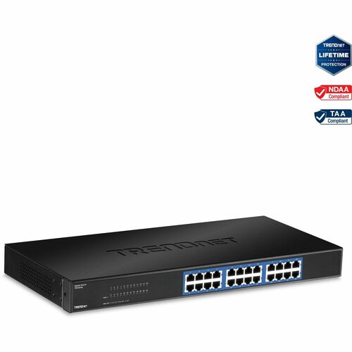 TRENDnet 24-Port Unmanaged Gigabit 10/100/1000 Mbps GREENnet Switch, 24 x Gigabit RJ-45 Ports, 48 Gbps Switch Fabric, Fanless, Metal Housing, Rack Mountable, Lifetime Protection, Black, TEG-S24G - 24-port Gigabit GREENnet Switch(Rack Mount)