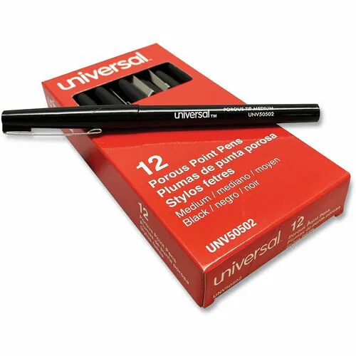 Universal Porous Point Pen, Stick, Medium 0.7 mm, Black Ink, Black Barrel, Dozen - 0.7 mm Medium Bullet Pen Point - Black Ink - Liquid - Black Barrel - 1 Dozen