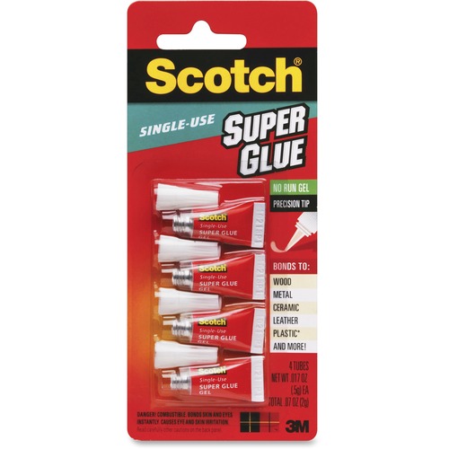 Scotch Super Glue Gel, Single-Use Tubes, 0.02 oz, Fine-Tip, Fast-Drying, Multi-Surface (Wood, Metal, Ceramic, Plastic), 4/PK