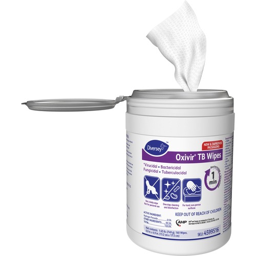 Diversey Disinfectant Wipes, Oxivir, 6" x 7", Tuberculocidal, 60-Second Kill, White, 160/Tub