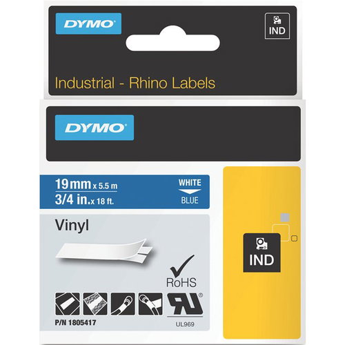 Dymo White on Blue Color Coded Label - 3/4" Width - Permanent Adhesive - Thermal Transfer - Blue - Vinyl - Self-adhesive, Oil Resistant, Chemical Resistant, Corrosion Resistant, Temperature Resistant