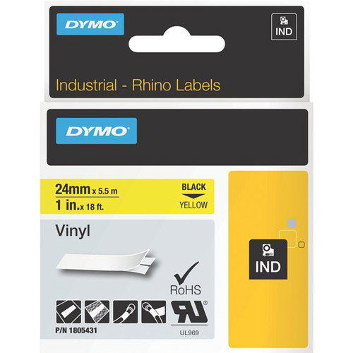 Dymo Black on Yellow Color Coded Label - 1" Width - Permanent Adhesive - Thermal Transfer - Yellow - Vinyl - Self-adhesive, Oil Resistant, Chemical Resistant, Corrosion Resistant, Temperature Resistant