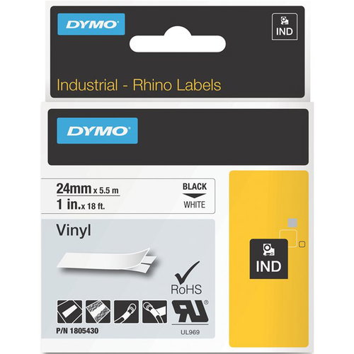 Dymo Black on White Color Coded Label - 1" Width - Permanent Adhesive - Thermal Transfer - White - Vinyl - 1 Each - Self-adhesive, Oil Resistant, Chemical Resistant, Corrosion Resistant, Temperature Resistant