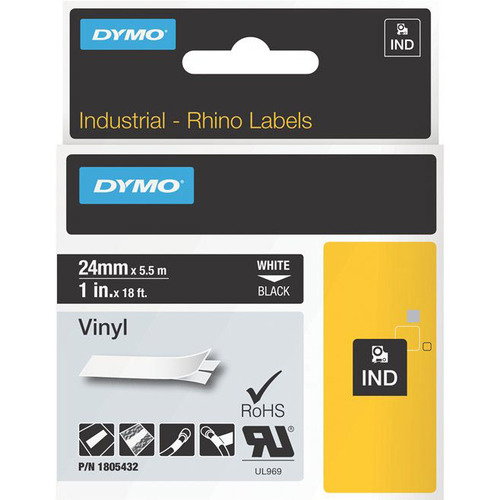 Dymo White on Black Color Coded Label - 15/16" Width x 18 3/64 ft Length - Permanent Adhesive - Thermal Transfer - Black, White - Vinyl - Self-adhesive, Oil Resistant, Chemical Resistant, Corrosion Resistant, Temperature Resistant