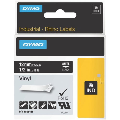 Dymo Black on White ID Label - 1/4" Width - Permanent Adhesive - Thermal Transfer - White - Polyester - Cold Resistant, Heat Resistant, Oil Resistant, Chemical Resistant, Temperature Resistant