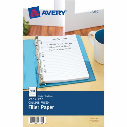Avery Filler Paper, 5.5 in x 8.5 in, College-Ruled, 7-Hole, White, Mediumweight, for 3-Ring/7-Ring Binders, 100/PK