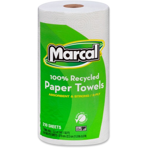 Marcal Paper Towel, Jumbo Roll, 2-Ply, 11" x 9", 210 Sheets/Roll, 100% Recycled, Green Seal Certified, 12/CT