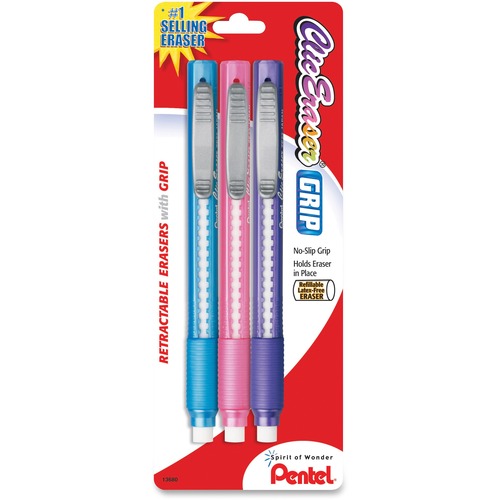 Pentel Clic Retractable Eraser, Refillable, Non-Abrasive, Latex-Free Grip, Assorted, 3/PK