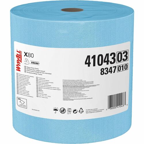 Wypall Cleaning Wipes, PowerClean X80 Jumbo Roll, 475 Sheets, 12.5" x 12.2", Blue Cloth, Heavy-Duty