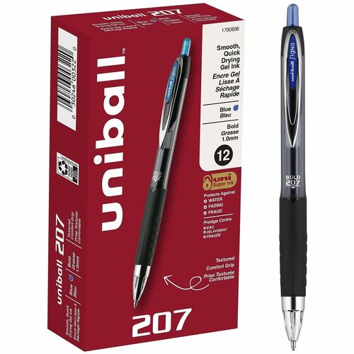 Uni-Ball 207 Gel Pen, 1 mm Bold Point, Retractable, Refillable, Blue Ink, Clear Barrel, Stainless Steel Tip, 12/PK