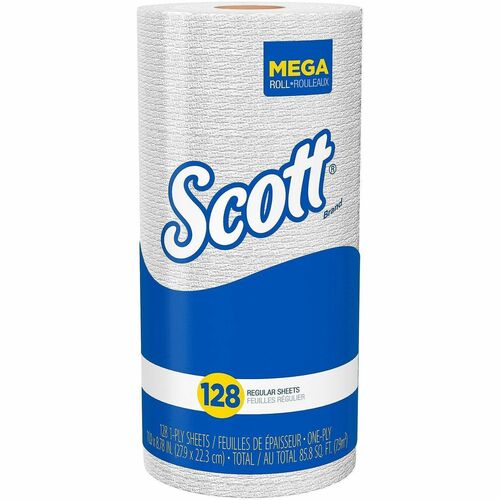 Scott Paper Towel, Kitchen, 1-Ply, 11" x 8.78" Sheet, 128 Sheets/Roll, Absorbency Pockets, White, Recycled