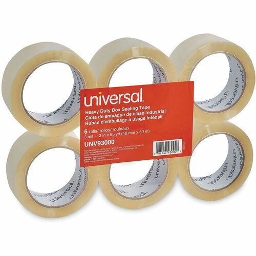 Universal Heavy-Duty Packaging Tape, 1.88" x 54.6 yd, 3" Core, 3 mil, Clear, Plastic Backing, 6/PK