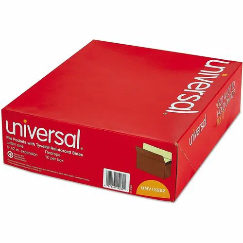 Universal Expanding File, Letter (8.5" x 11"), 5.25" Expansion, Mylar-Reinforced Gussets, Top Straight Tab, Redrope, 10/Box