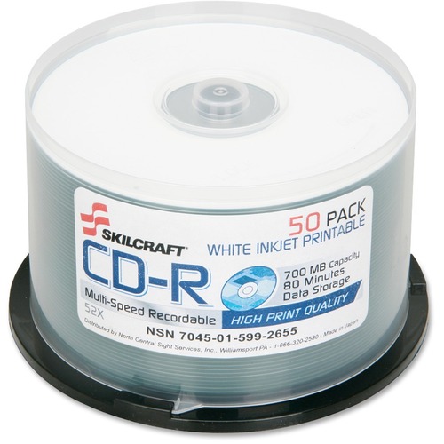 SKILCRAFT CD Recordable Media - CD-R - 52x - 700 MB - 50 Pack Spindle - 120mm - Printable - Inkjet Printable - 1.33 Hour Maximum Recording Time