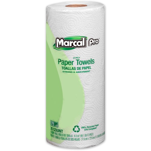 Marcal Pro, 100 Percent Recycled Paper Towels, Kitchen, Perforated Rolls, 2-Ply, 70 Sheets/Roll, White, 15/CT