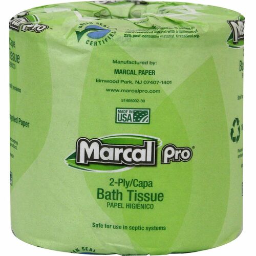 Marcal Pro Bathroom Tissue, 2-Ply, 240 Sheets/Roll, 4" x 4", 100% Recycled, Individually Wrapped, Septic-Safe, White, 48/CT
