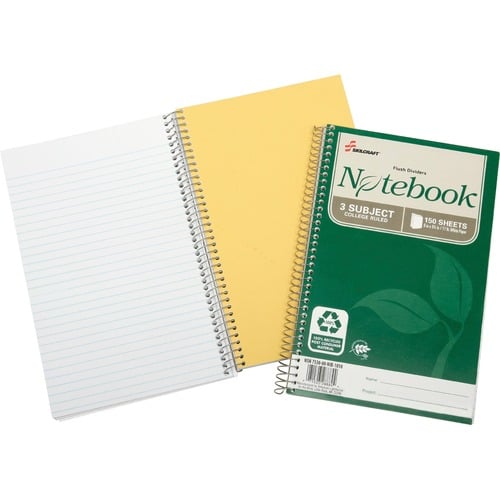 SKILCRAFT Three-subject Spiral Notebook - 150 Sheets - Wire Bound - 17 lb Basis Weight - 6" x 9 1/2" - White Paper - Subject, Chlorine-free, Acid-free, Archival, Divider - Recycled - 3 / Pack