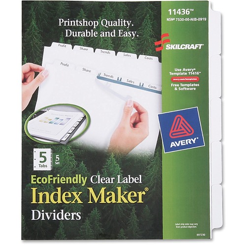 SKILCRAFT 5-tab Index Maker Dividers - 5 Print-on Tab(s) - 8.5" Divider Width x 11" Divider Length - Letter - White Divider - 5 / Set