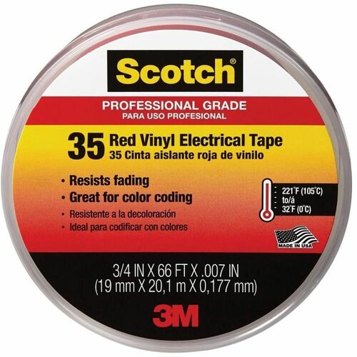 Scotch Insulating Tape - 22 yd Length x 0.75" Width - 3" Core - Red - Vinyl - Polyvinyl Chloride (PVC) Backing - Rubber Adhesive - For Identifying, Color Coding, Pipe, Electrical, Marking, Insulating - 1 Roll
