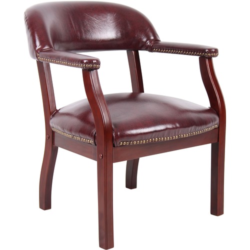 Boss Management Chair, Captain's Guest, Burgundy Vinyl, Mahogany Wood Frame, Nailhead Trim, 250 lb Capacity, 24" W x 26" D x 31" H