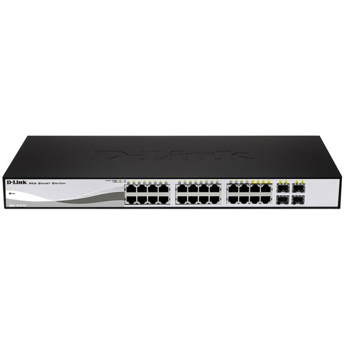 D-Link 28 Port PoE Gigabit Smart Switch Including 4 Combo SFP Ports - 24 Ports - Manageable - Gigabit Ethernet - 10/100/1000Base-T, 1000Base-X - 2 Layer Supported - 4 SFP Slots - Twisted Pair, Optical Fiber - PoE Ports - Desktop, Rack-mountable - Lifetime
