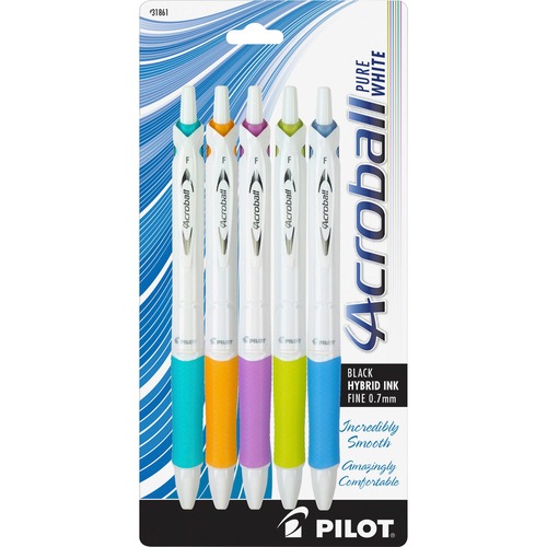 Pilot Ballpoint Pen, Acroball, 0.7 mm Fine, Advanced Black Ink, Retractable, Refillable, Tungsten Carbide Tip, White Barrel, 5/PK