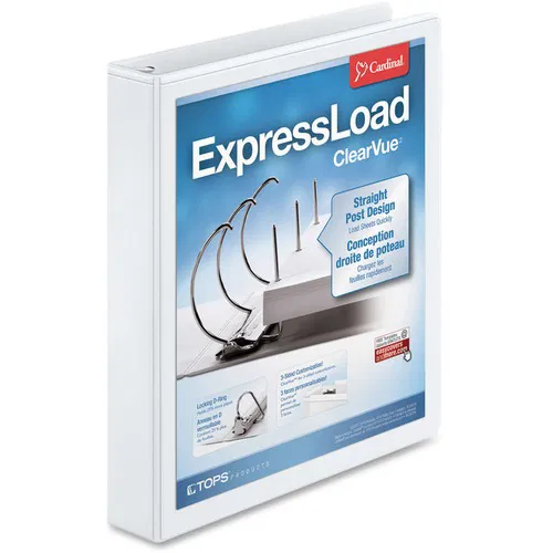 Cardinal Presentation Binder, ExpressLoad, Locking Back-Mounted D-Rings, 1-1/2 in Capacity, ClearVue, White, 300-Sheet, 2 Interior Pockets