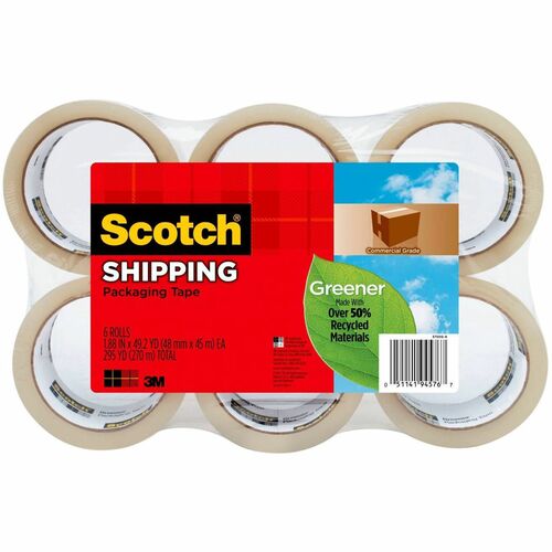 Scotch Greener Commercial-Grade Shipping/Packaging Tape - 54.60 yd Length x 1.88" Width x 3.1 mil Thickness - 3" Core - Clear - Synthetic Rubber Resin - Split Resistant - For Packing, Sealing - 6 / Pack