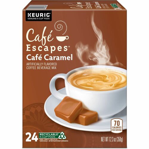Cafe Escapes Coffee, Caramel K-Cup Pods, Light Roast, for Keurig Brewers, 24/PK