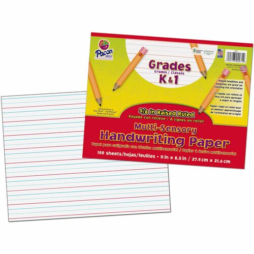 Pacon Handwriting Pad, Multi-Program, Grades K-1, Raised Lines, Letter 8.5" x 11", 100 Sheets, 5/8" Ruling, Chipboard Cover