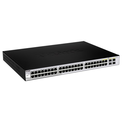 D-Link DGS-1210-52 Websmart Gigabit Switch with 48 1000Base-T and 4 SFP Ports - 48 Ports - Manageable - Gigabit Ethernet - 10/100/1000Base-T, 1000Base-X - 2 Layer Supported - 4 SFP Slots - Twisted Pair, Optical Fiber - 1U High - Rack-mountable, Desktop - 