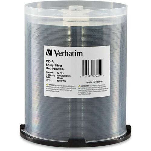 Verbatim CD-R 700MB 52X Shiny Silver Silk Screen Printable, Hub Printable - 100pk Spindle - 120mm - Printable - Silk-screen Printable - 1.33 Hour Maximum Recording Time