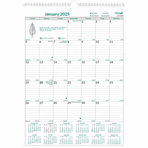 Brownline Calendar, Wall, EcoLogix, Monthly, 2026, 12" x 17", Twin-Wire, 100 Percent Post-Consumer Recycled, Julian Dates