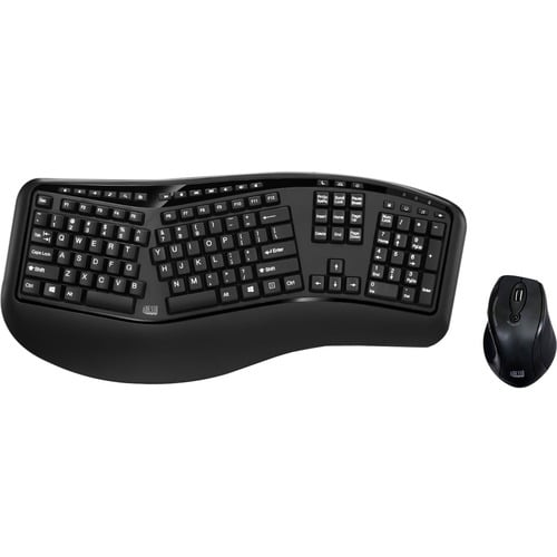 Adesso WKB-1500GB Wireless Ergonomic Keyboard and Laser Mouse, Tru-Form Series, 2.4 GHz RF, Full-Size 105-Key, 1600 DPI, Black, for PC
