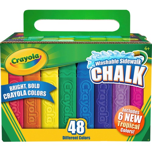 Crayola Washable Sidewalk Chalk, 4" L x 0.9" Dia, Assorted Colors, Anti-Roll, 48/Box
