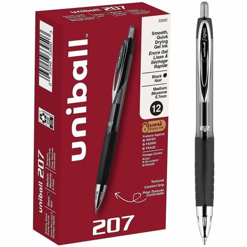 uniball™ 207 Gel Pen - 0.7 mm Medium Conical Pen Point - Refillable - Retractable - Black Ink - Pigment-based - Translucent Barrel - 1 Dozen